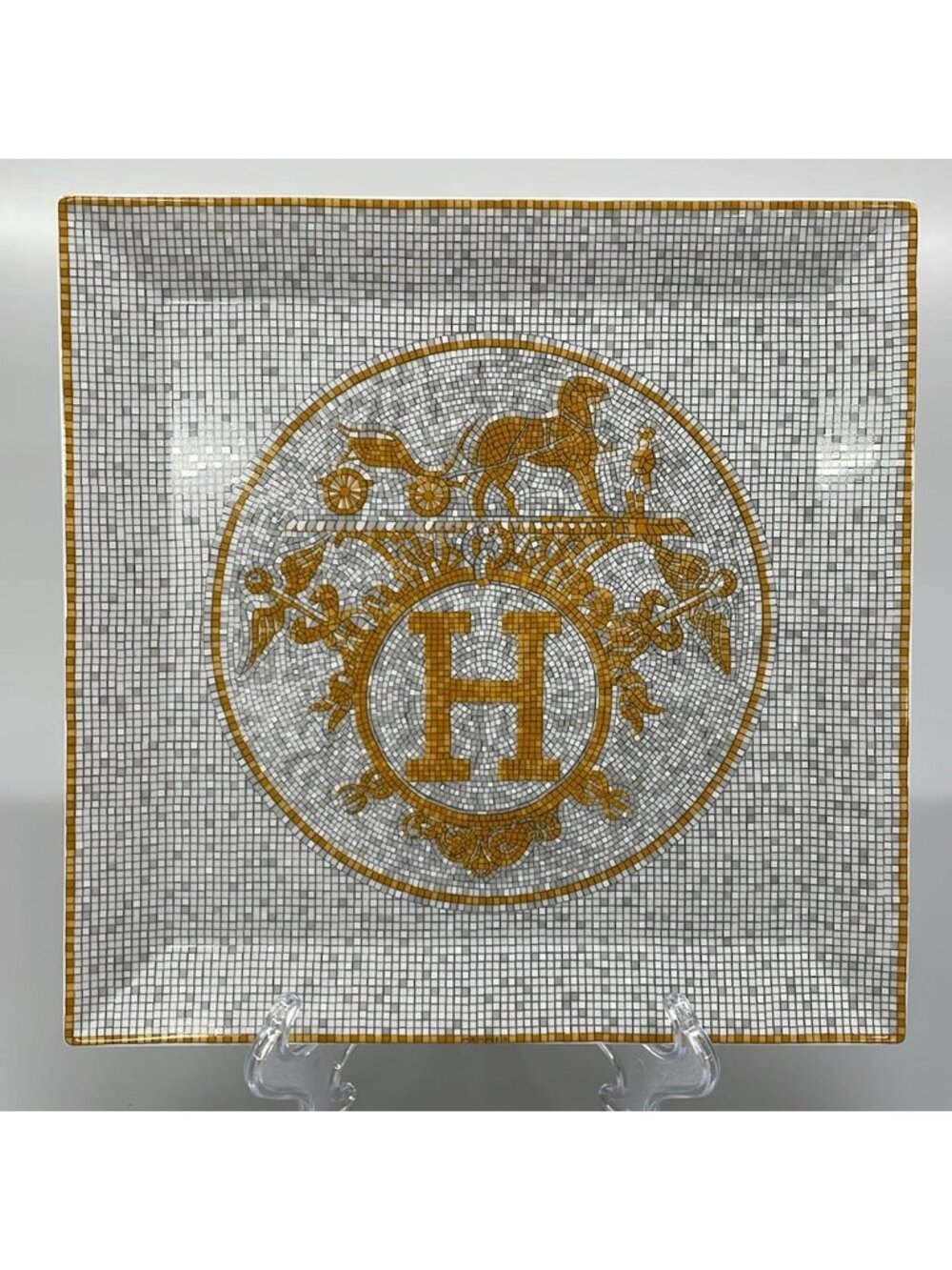 Hermes Plate Petit Carre White Orange Black Mosaic 24